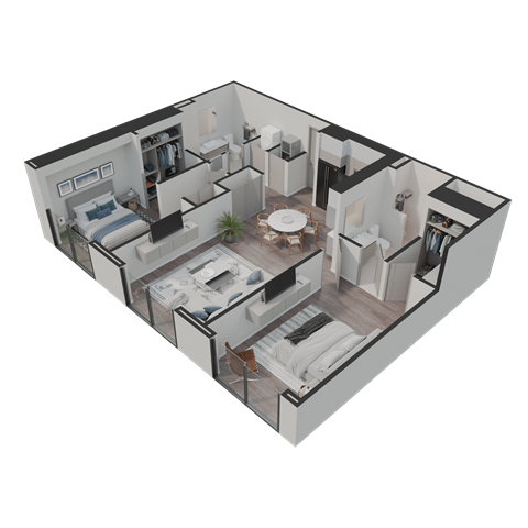 Floor plan for 2 beds, 2 baths, 1073 sqft